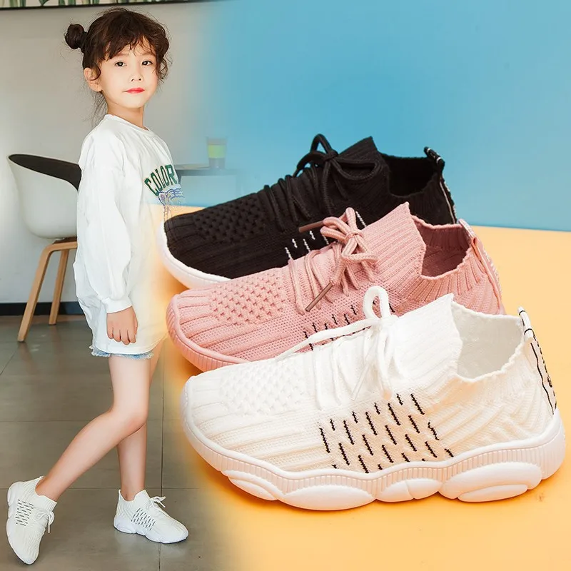

2021 Children's Spring And Autumn New Knitted Sports Shoes Lace Up Student Single Shoes Breathable Casual Shoes For Children