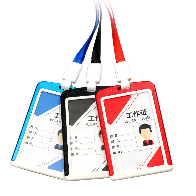 

Metal ID Card Cover with 1cm width Lanyard Aluminum Alloy ABS Plastic Credential Identification Card Holder with Black Strap