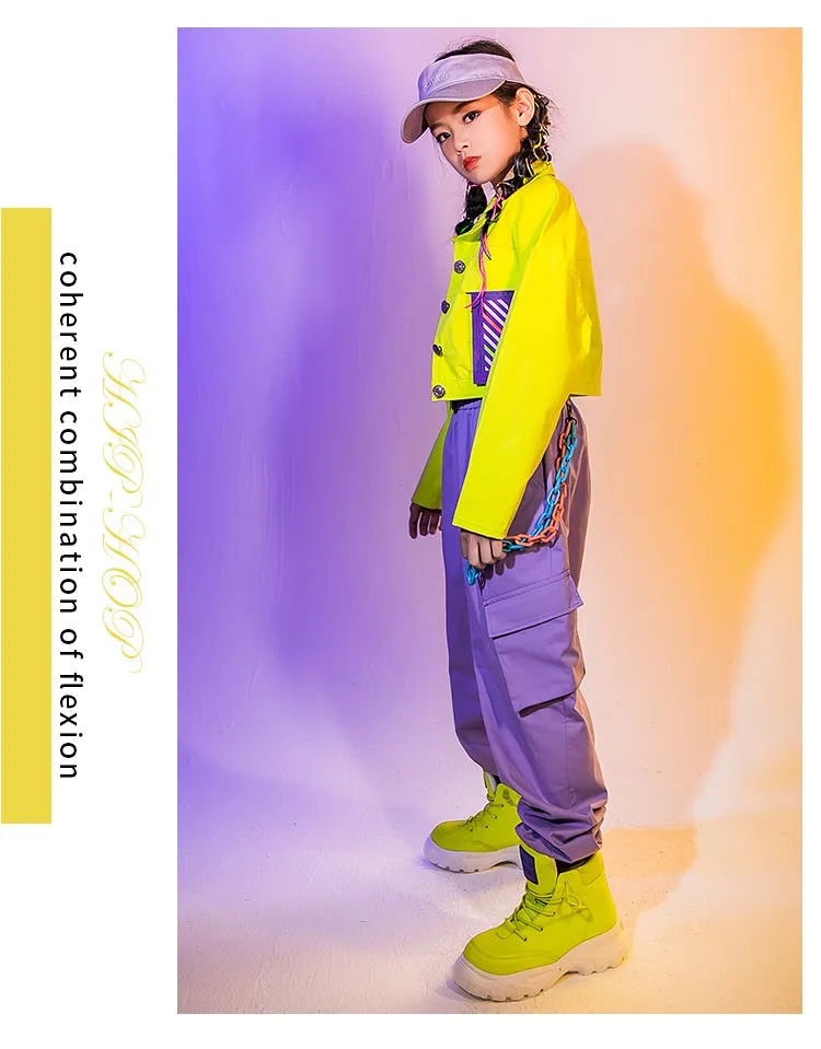 

Jiangxinwei Girls Hip Hop Clothing Fluorescent Green Tops Coat Jacket Purple Vest Causal Pants Child Kid Jazz Ballroom Dance