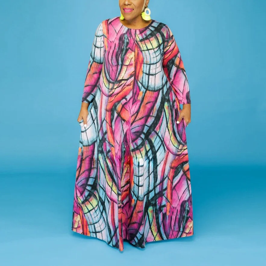 

Plus Size Dresses For Women 4xl 5xl Elegant Geometrical Print Long Sleeve Floor Length Straight Loose For Evening Party Vestidos