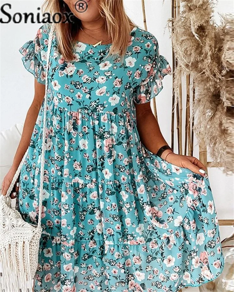 

Bohemian Floral Print Dress 2021 New Casual Short Sleeve O-Neck Loose Pleated Summer Dress Fashion Chic Women Beach Mini Dress