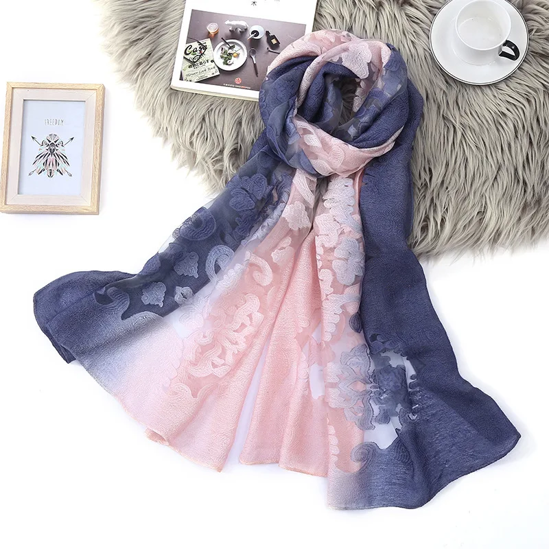 Новинка Модный женский шелковый шарф с кружевными цветами градиентные шали и