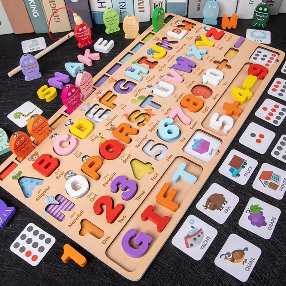 

Wooden Spelling Word Number Operation Magnetic Fishing Logarithmic Board Children's Educational Cognitive Letter Matching Toy
