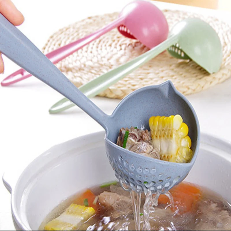 

Soup Spoon Long Handle Kitchen Strainer Solid Color Cooking Colander Kitchen Scoop Plastic Tableware Colander Hot
