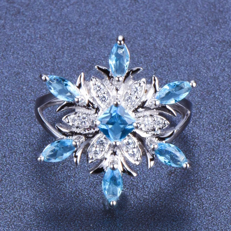 Euramerican Blue Zircon Flower Rings For Women Elegant Chic Snowflake With Stone Christmas Jewelry Gifts 2020 | Украшения и