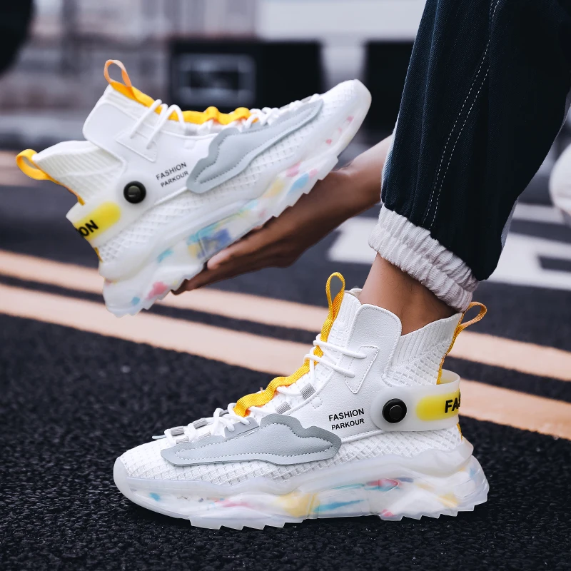 

New men sneakers shoes fashion casual sports elastic running summer mesh flying high-top socks walking large size men's shoes