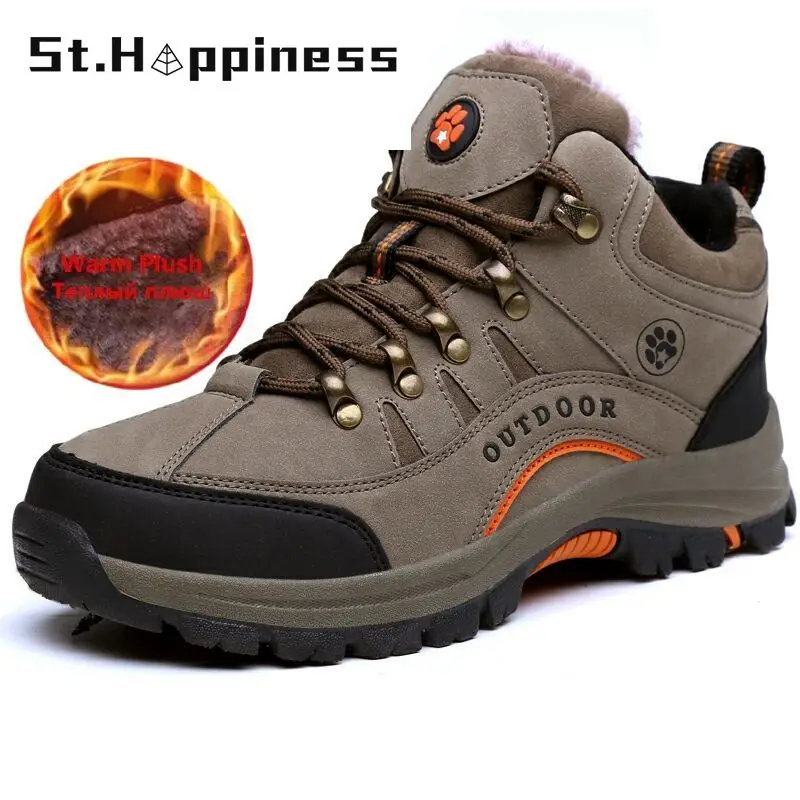 

2021 New Winter Men Snow Boots Waterproof Leather Sneakers Warm Plush High Quality Outdoor Hiking Boots Camping Shoes Big Size