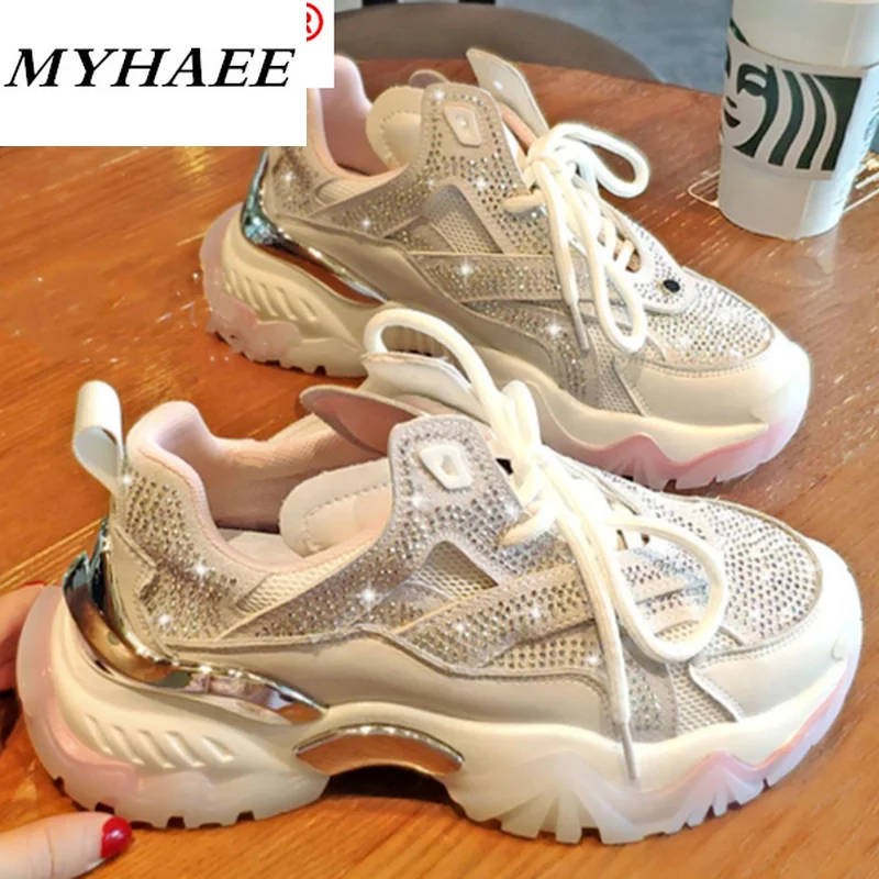 

2021 Women's Shoes Comfortable Breathable Mesh Rhinestone Casual Shoes Spring Women's Lace-up Non-slip Wear-resistant Sneakers