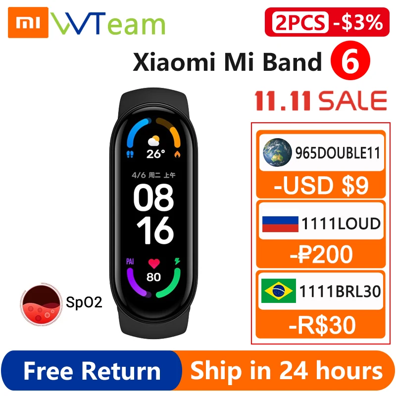 

Xiaomi Mi Band 6 Smart Bracelet 5 Color AMOLED Blood Oxygen Smart band Fitness Traker Heart Rate Waterproof Global Optional