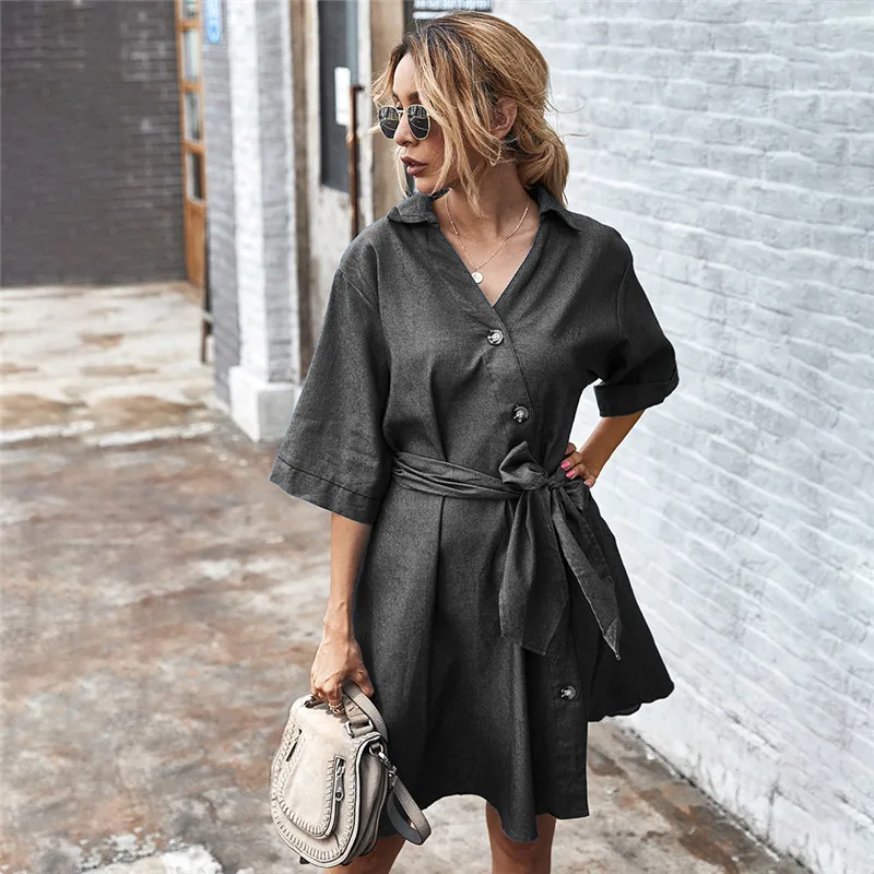 

Autumn Casual Denim Bandage Dresses for Women Loose Button Turn Down Collar Half Sleeve Solid Color Streetwear Women Clothing