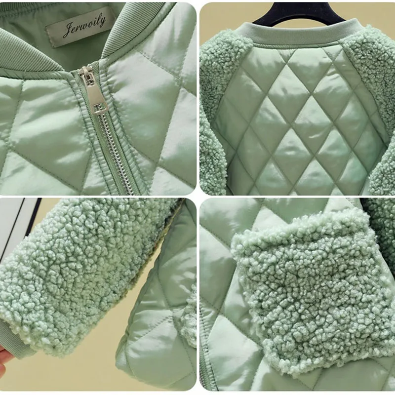 

Short Cotton Jacket Women Autumn Winter Lambswool Splice Parka Plus Size Loose Warm Outerwear Female Cotton-padded Jackets 2021