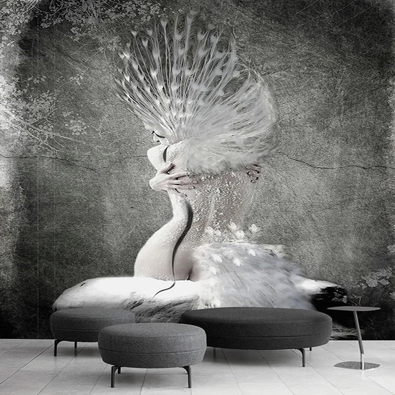 

Custom Wallpaper European Style Nostalgic Creative Black And White Peacock Beauty Cement Wall Mural Living Room Bedroom Frescoes