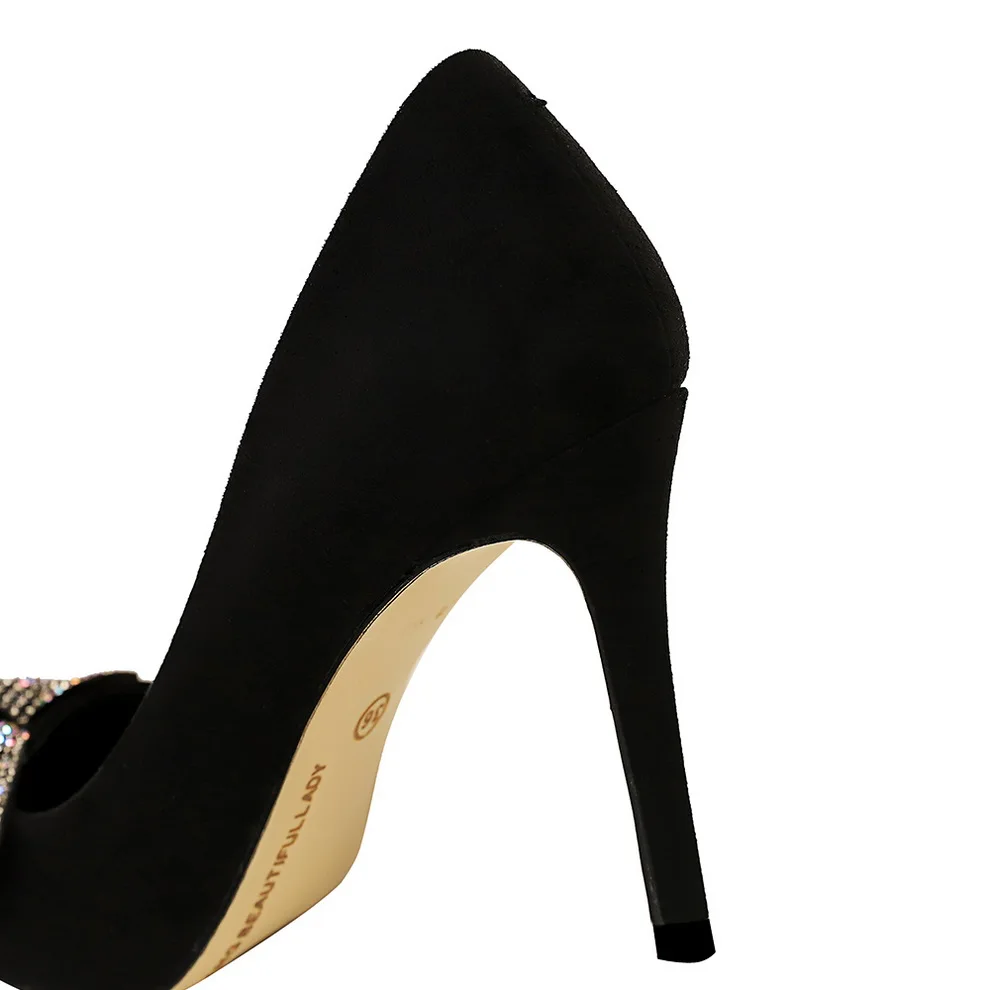 

New Pointed-Toe Suede bow Women Shoes Fashion party Fine with high heel shallow mouth pointy water drill bowknot single pumps