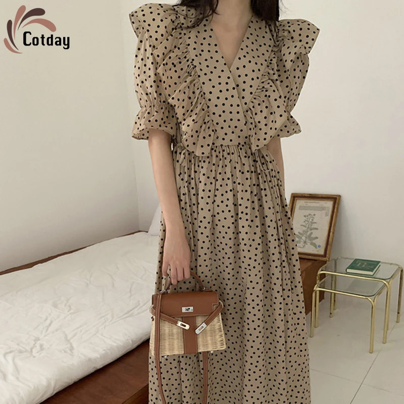 

Хлопковое платье с пышными рукавами и V-образным вырезом, винтажное элегантное шифоновое платье в горошек для девушек, волнистое пляжное пл...