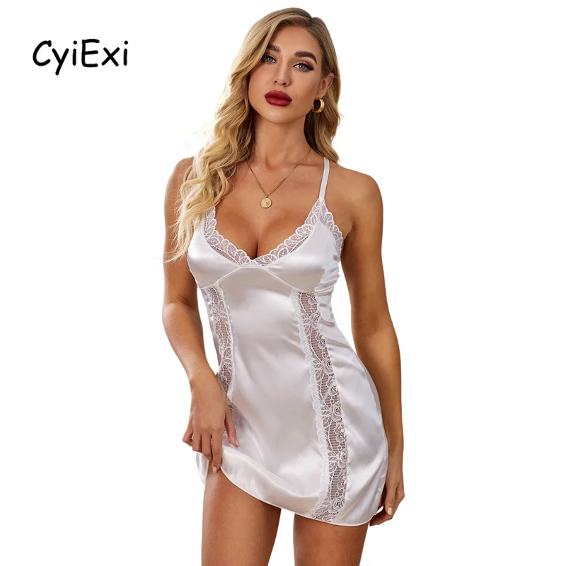 

CyiExi White Women Lace Satin Nightgown Set Sexy Hollow Out Sleeveless Babydoll Dress + Thong 2 Pieces Sets Nightwear Sleepwear