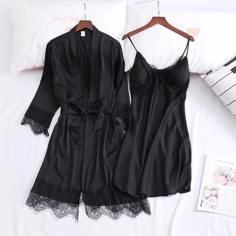 

2020 Women's Spring Summer Silk Pajamas Sets Solid Sexy Female Nightgowns V Neck With Lace Bathrobe Loose Short Nightgown