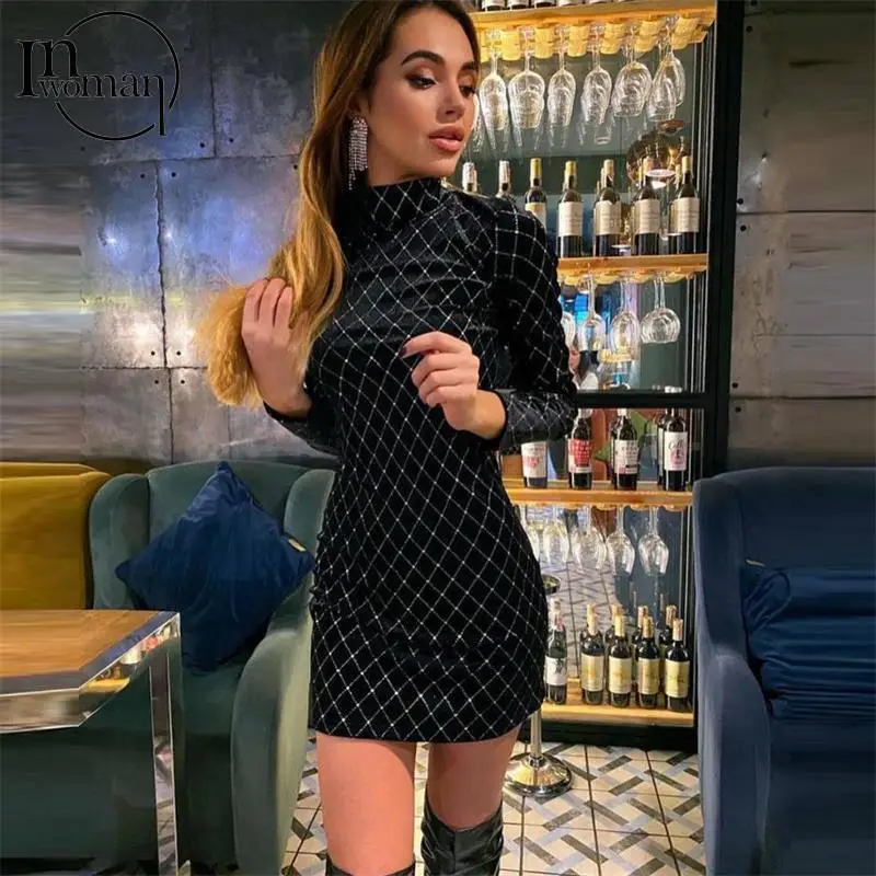 

Inwoman Fall Winter Turtleneck Wrap Short Dresses Women 2021 Black Sexy Party Mini Dress Ladies Long Sleeve Club Bodycon Dress