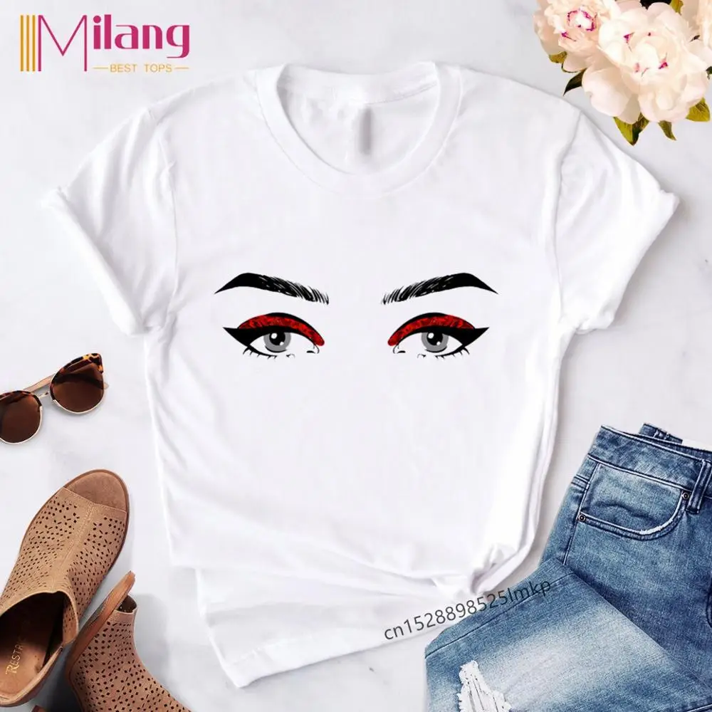 Женские футболки с принтом для макияжа лица женские красными губами в стиле