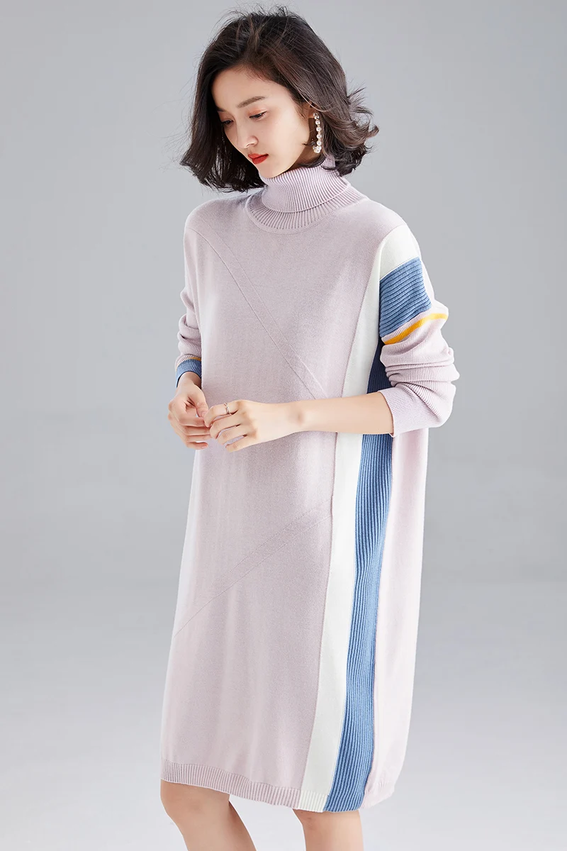 Осенне-зимнее женское кашемировое платье с высоким воротником платье-пуловер