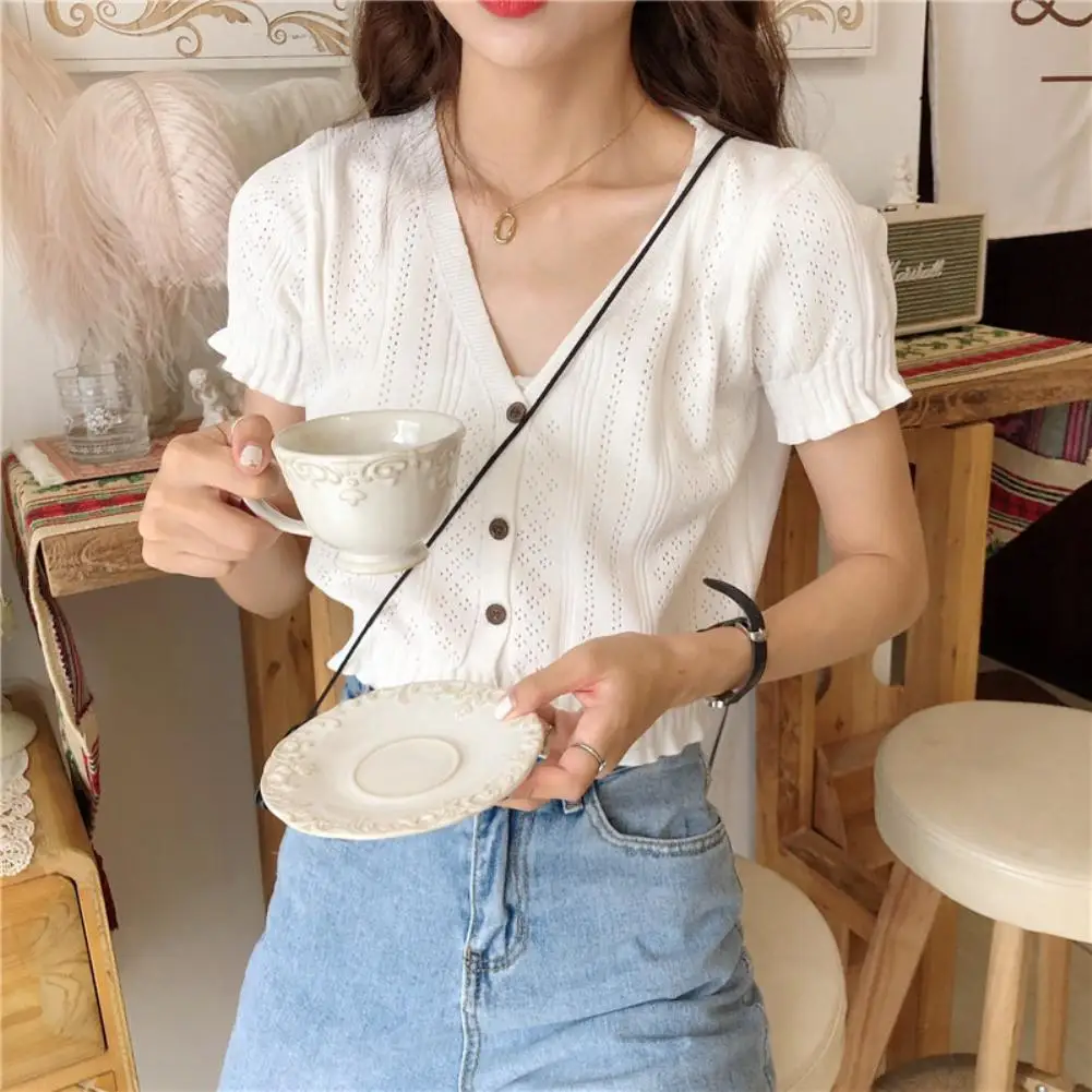 

Fashion Women Short Sleeve Knitted T-shirt V Neck Hollow Out single breasted Up Thin tee Crop Tops t shirts female