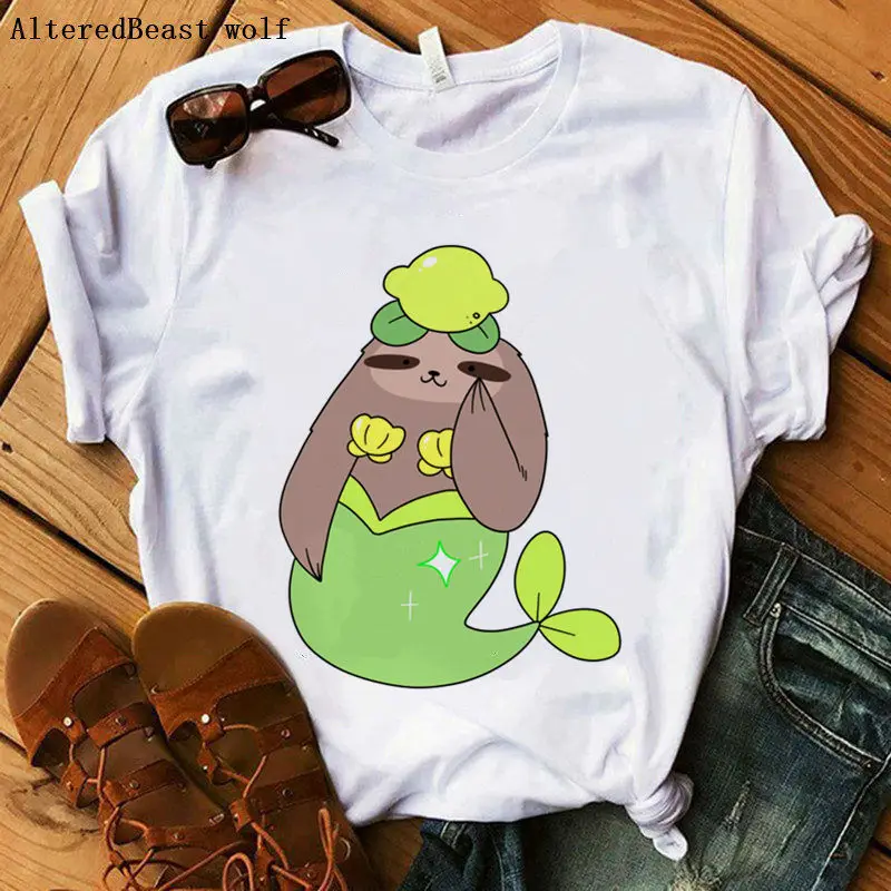 

Lemon mermaid sloth tshirt women Sloth t shirt print cute o-neck funny white shirt female casual graphic Tops vogue clothes