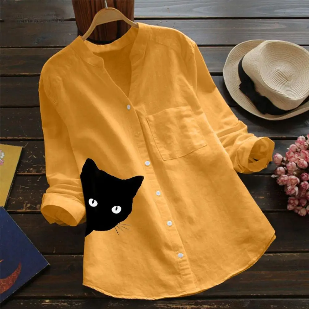 

New Cat Printed Blouses Women Cotton Linen Cartoon Animal Long Sleeve Shirt Tops Women Cute Funny Printed Blouse Koszule Damskie