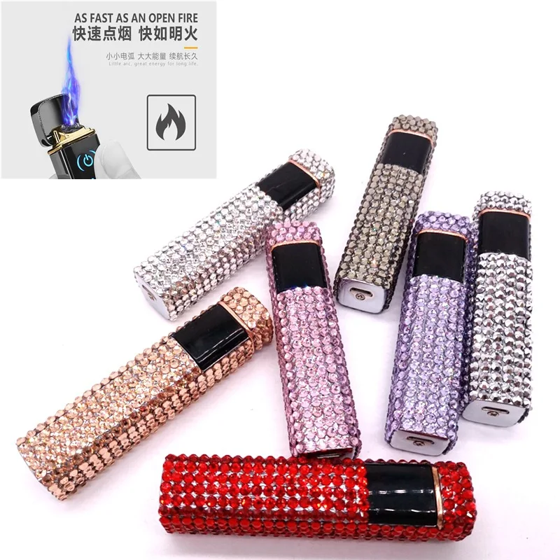 

Новая сенсорная перезаряжаемая Зажигалка Электронная зажигалка Стразы инкрустированная USB ветрозащитная дуговая зажигалка подарок для же...