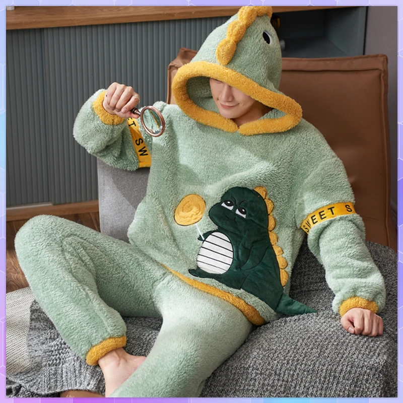 Теплая Милая флисовая Пижама для мужчин плотные плюшевые пижамные комплекты