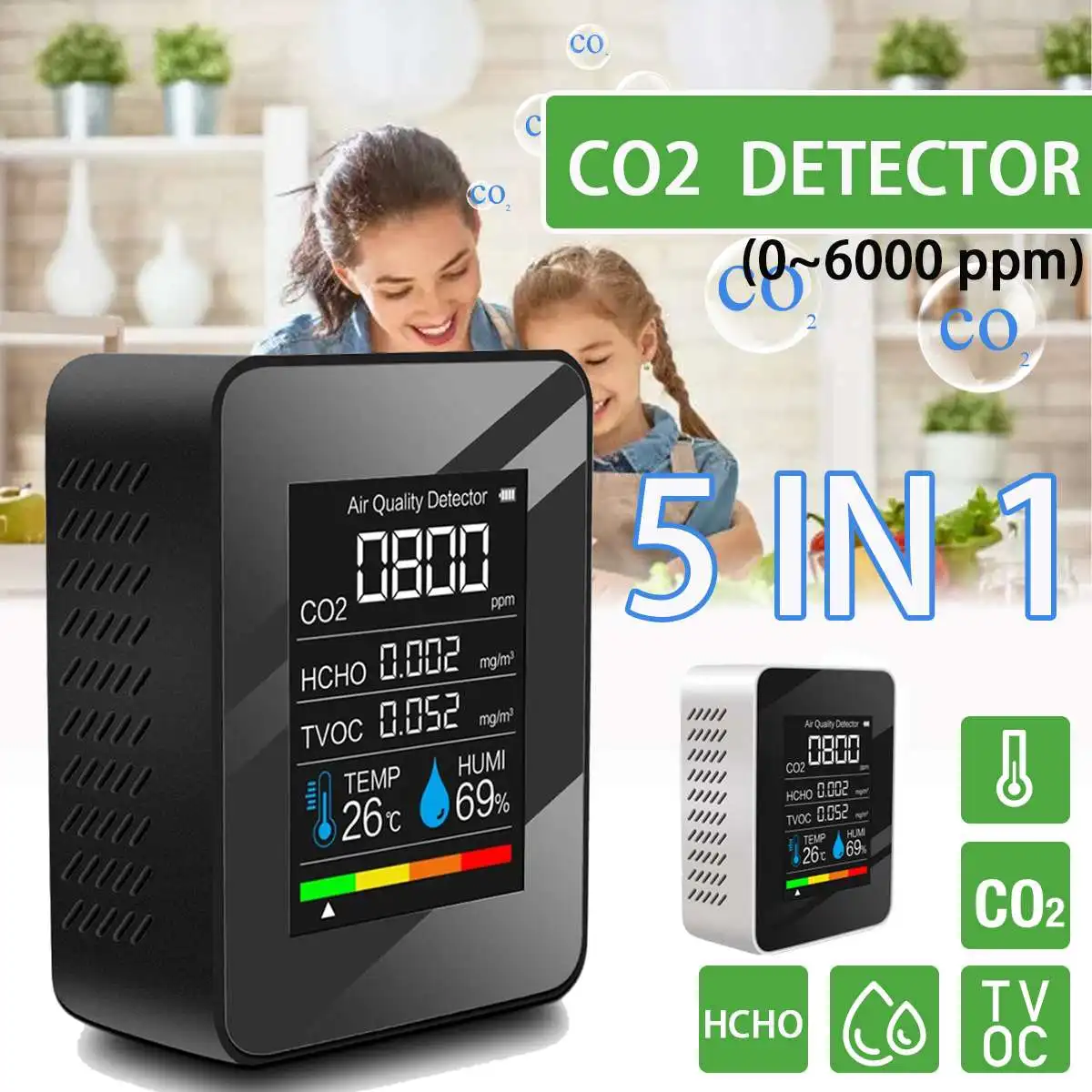 

Multifunctional 5 in1 CO2 Meter Digital Temperature Humidity Sensor Tester Air Quality Monitor Carbon Dioxide TVOC HCHO Detector