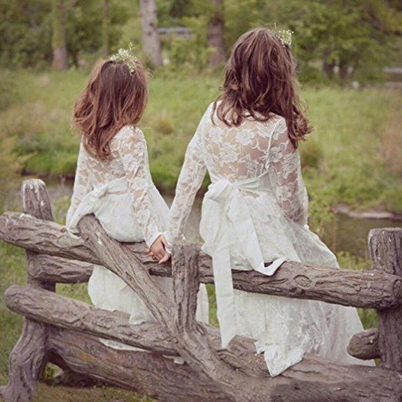 

Bohemian Wedding Party Lace Flower Girl Dresses Ribbon Sash Little Kids First Communion Dresses Child Holy Birthday Prom Gowns