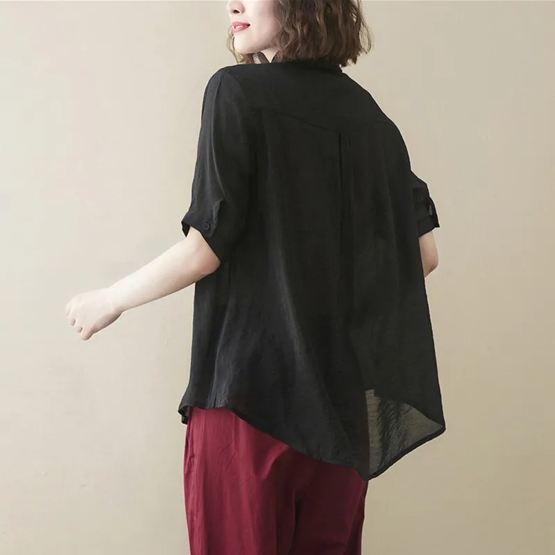 

Women Summer Cotton Linen Casual Shirts New Arrival 2021 Vintage Style Patchwork Lace Print Loose Ladies Elegant Tops B262