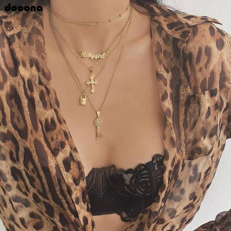 Ожерелье docona в богемном стиле с золотыми буквами крестом и замком многослойное