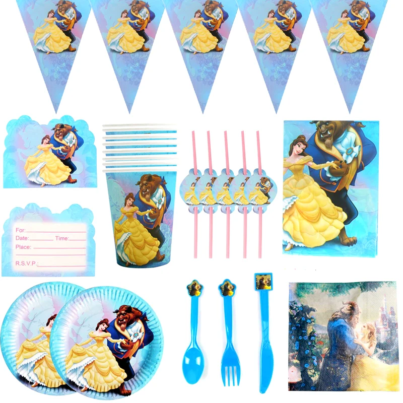 

101pcs/lot BeautyAnd The Beast Theme Banner Invitation Cards Cups Straws Tablecloth Plates Spoons Forks Knife Napkins Tableware