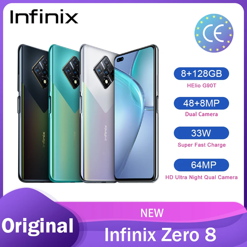 Смартфон Infinix ZERO 8 ГБ ОЗУ 128 6 85 дюйма 64 мп задняя четыре камеры 48 МП фронтальная