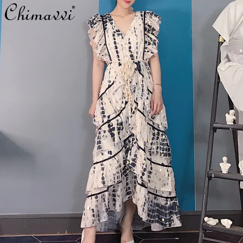 

2021 Summer Women V-neck Contrast Color Printed High Waist Chiffon Long Dress Sleeveless Slimming Lace-up Bow Lady Dress