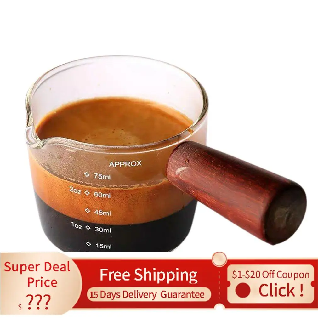 

Кофейная чашка для эспрессо, чашка в унциях со шкалой и деревянной ручкой, мерная чашка из боросиликатного стекла 75 мл, новый год 2022