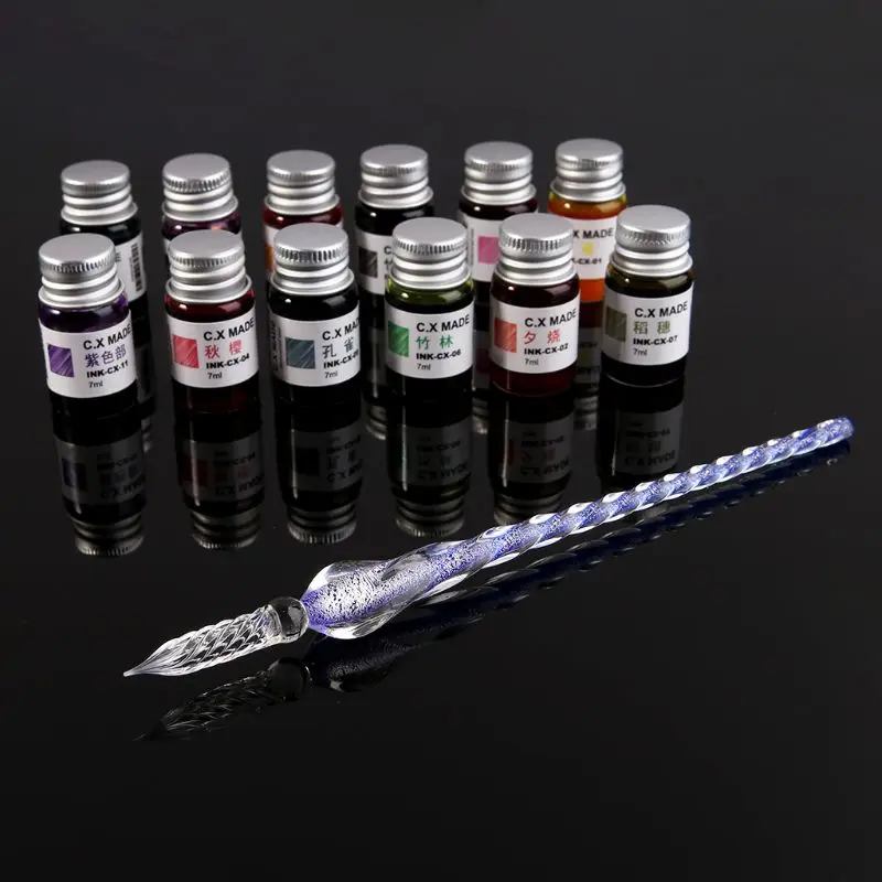 

12 Colors Bottled Dip Glass Pen Ink With 1Pc Blue Fountain Dip Writing Signature Pen Art Supplies Gifts