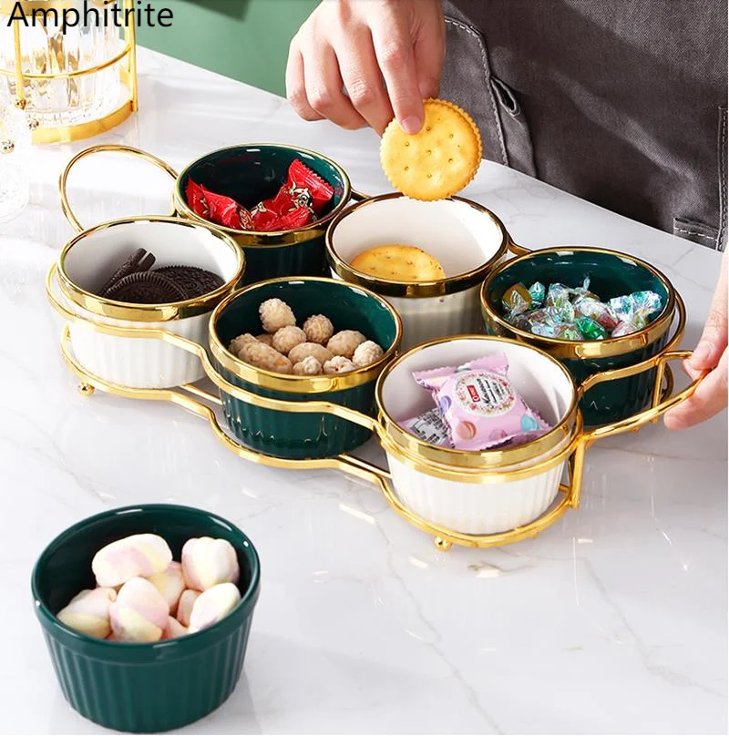 

Creative Snack Dish Candy Plate Ceramic Bowl With Golden Handle Home Table Utensils Living Room Dessert Fruit Plate