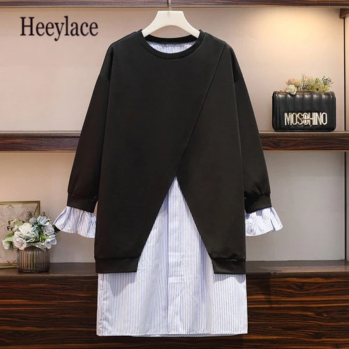 Новое осеннее платье размера плюс 5XL лоскутное Полосатое с длинным рукавом