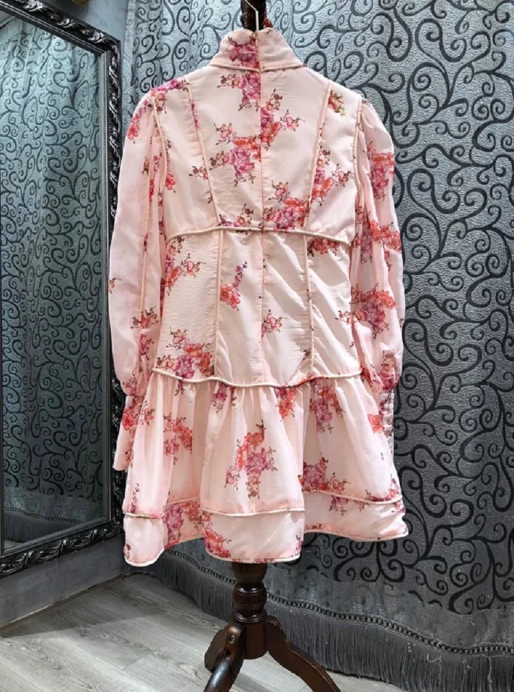 

New Apparel 2021 Spring Fashion Style Women Little Floral Print Button Front Long Sleeve Sweet Pink Club Dress Above Knee