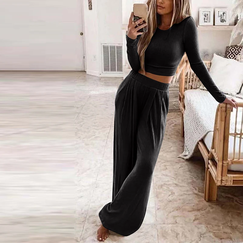 Autumn Women's Solid Knitted Casual Home Wear Slim Tops Two-Piece Wide Leg Pants Set Ladies Clothes Winter Fashion Commuter Suit images - 6