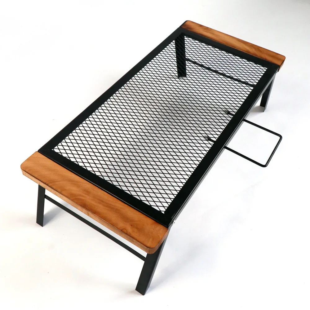 

Outdoor Anti Scalding Wooden Side Barbecue Table Picnic Iron Table Convenient Handle Folding Drain Storage Net Table