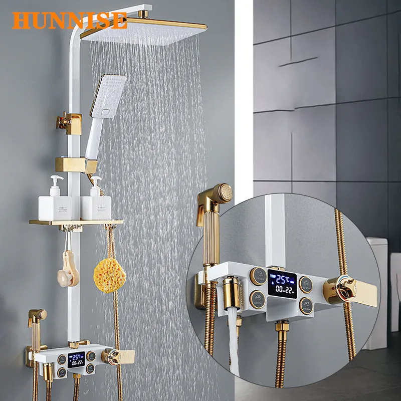 Bathroom Shower Set of Thermostatic System White Gold Rainfall Head Black Digital Mixer | Обустройство дома