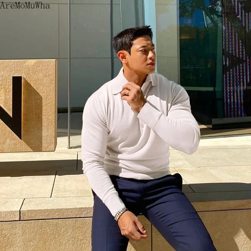 

Новая спортивная футболка с длинными рукавами, Спортивная тренировочная рубашка-поло для бега, эластичная Мужская модная футболка из чисто...