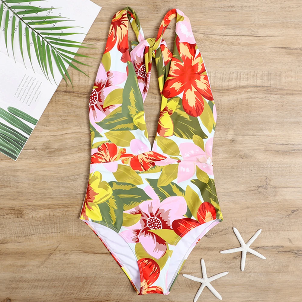 

2021 Sexy One Piece Swimsuit Female Floral Women Swimwear Push Up Bathing Suits Bodysuits Beach Wear Deep V-neck Ruffle Monokini