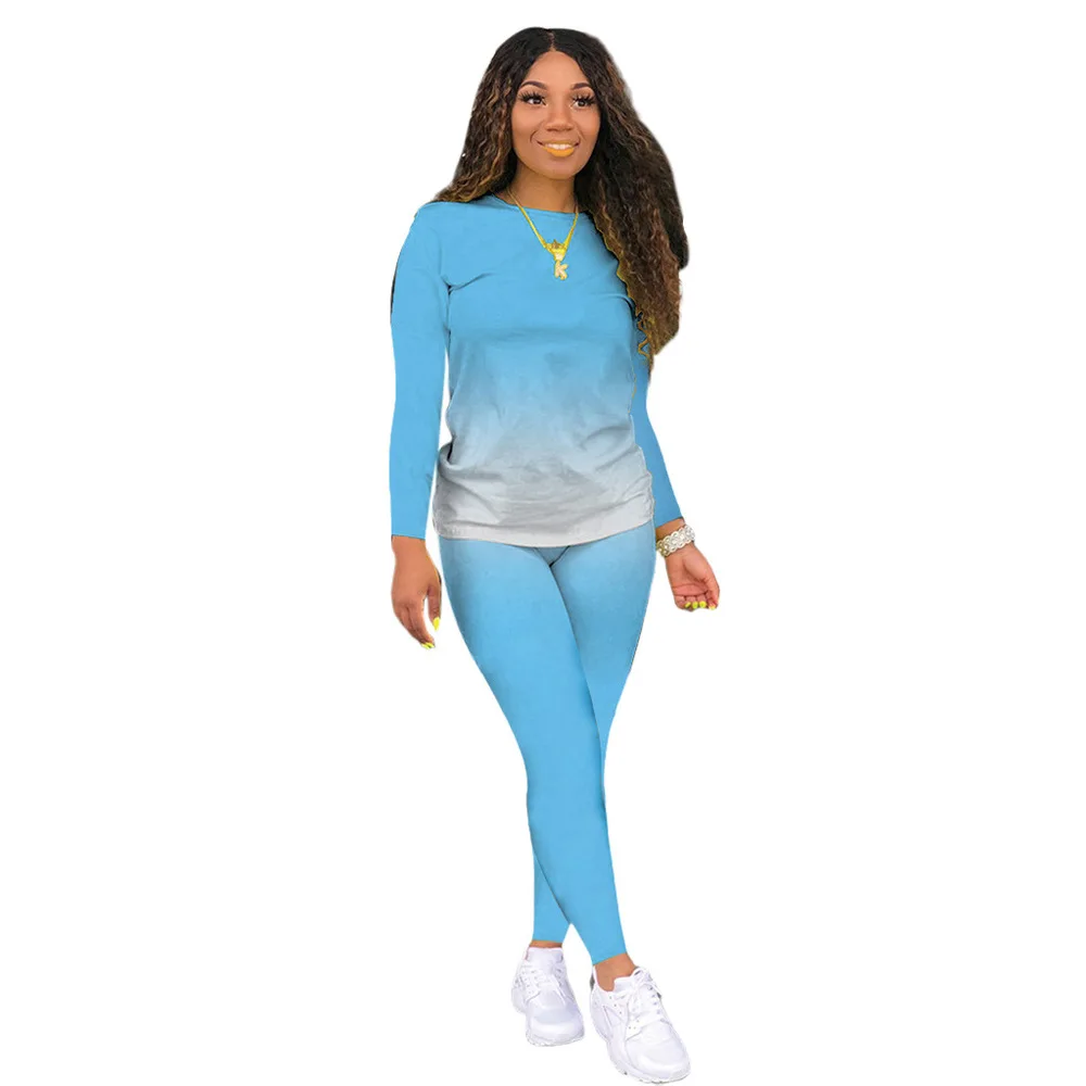 

Gradient Color Two Piece Sets Women 2021 Casual Long Sleeve T-shirts Tops+elastic Long Legging Active Wear Workout Matching Suit
