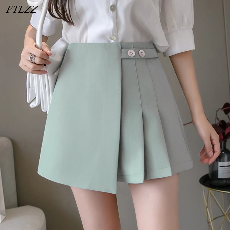 

FTLZZ 2022 New Spring Summer Women High Waist Wide Leg Shorts Casual Female Loose Asymmetrical Ruffles Solid Color Shorts