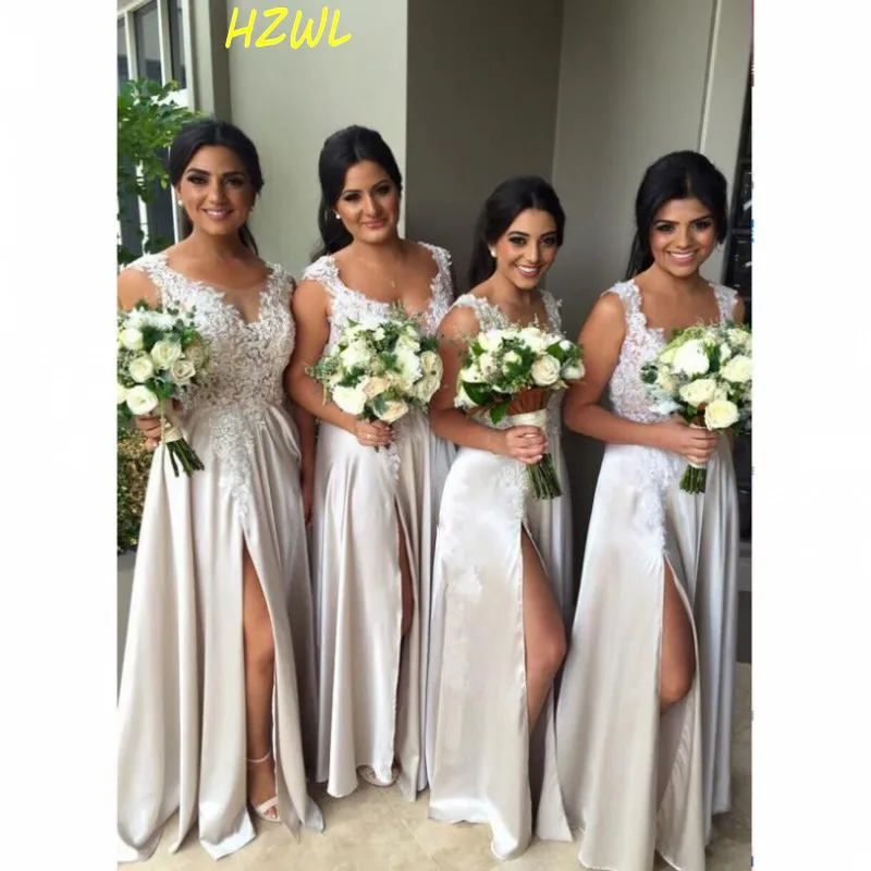 

New Split Long Bridesmaid Dress Jewel Neck Illusion Elegant Bridesmaid Dress Appliques Lace Bridesmaid Dress Maid of Honor Gown