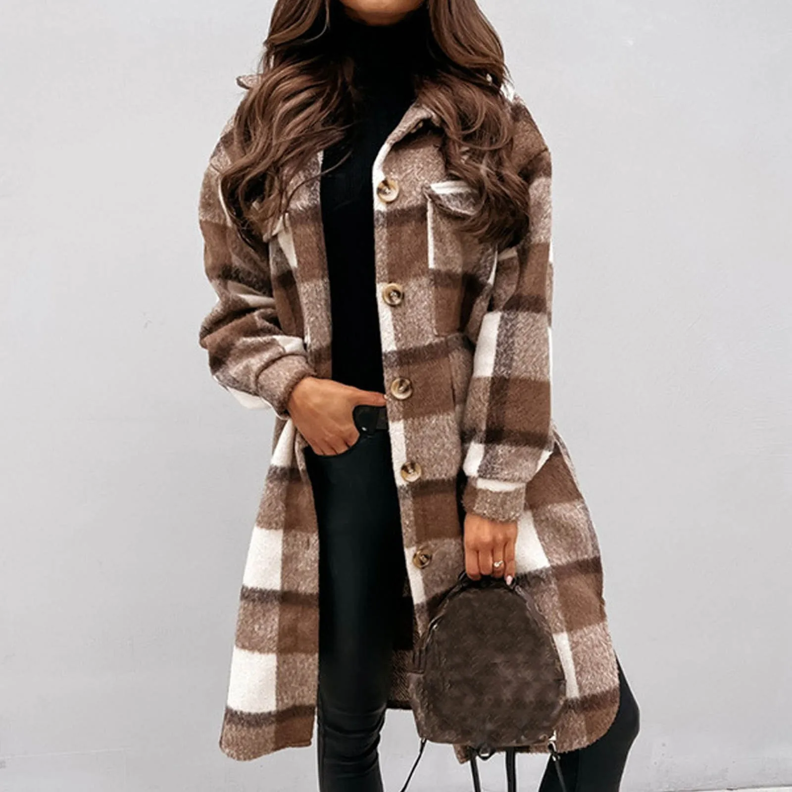 

Plus Size Womens New Long Sleeve Slim Outwear Plaid Print Jacket Button Open Front Long Cardigan Outerwear Woman Jacket