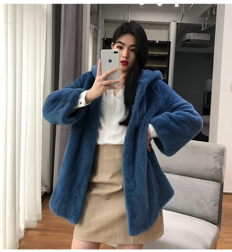 new autumn and winter Haining imported fur women's hooded tidy long section mink coat mink jacket - Color: Diamond blue